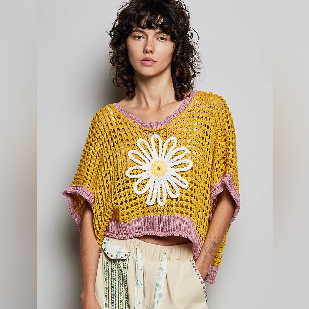 POL Daisy Sweater Open Weave Crochet Boho Knit Yellow Small NWT Festival - Picture 3 of 8